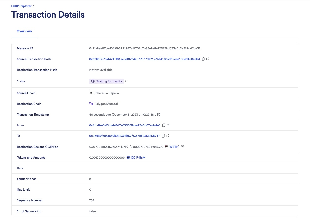 Chainlink CCIP Explorer transaction details